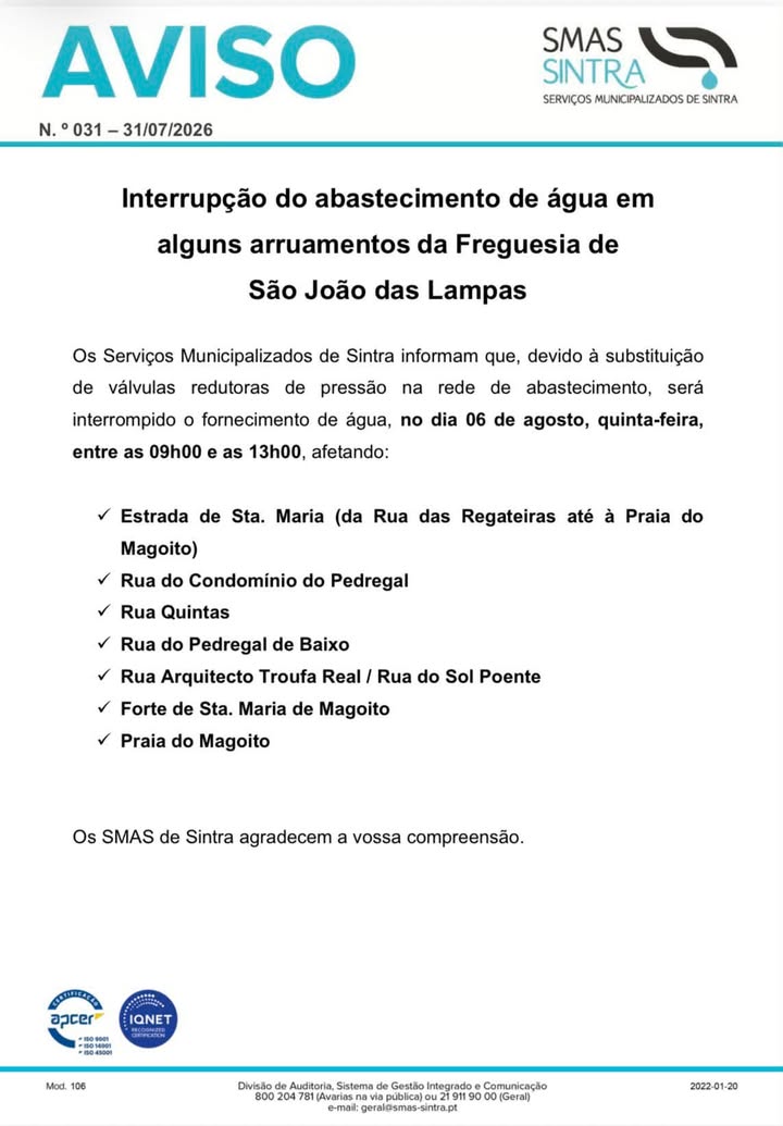 Interrupção do abastecimento de água em Magoito no dia 6 de agosto
